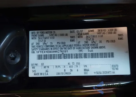 2017 Ford F-150 Xl из США, поврежденный, VIN 1FTEX1E8XHKC76191